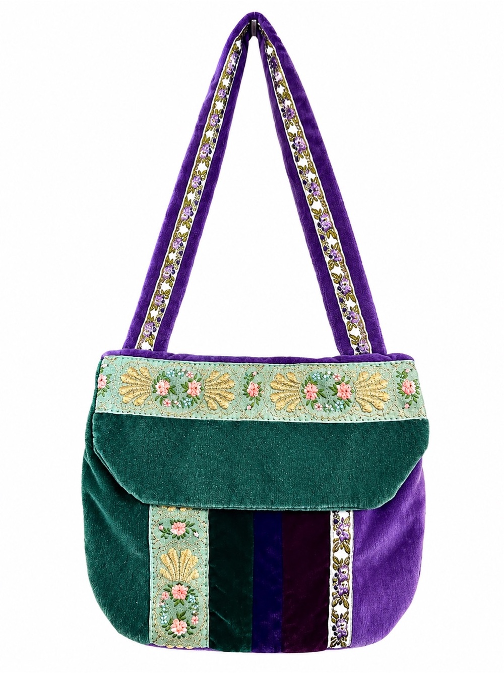 Embroidered Velvet Shoulder Bag in Green & Purple